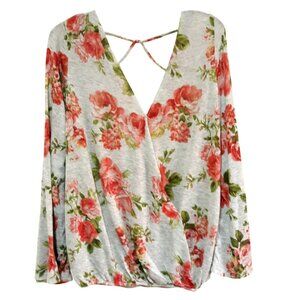 Floral Cross-Back Long-Sleeve Wrap Blouse By Deb 1X Lightweight Gray/Red With Pi